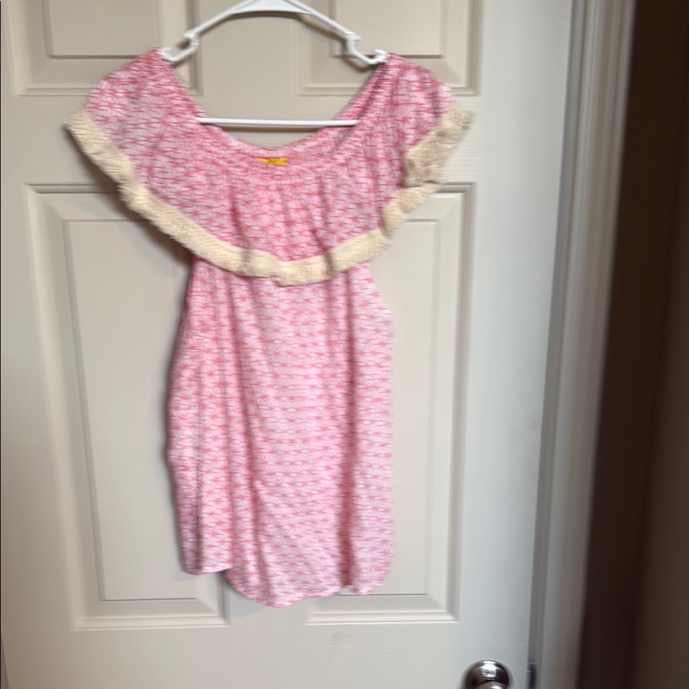 Roberta Roller Rabbit Pink and Cream Top with Ruffled Neckline